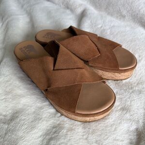 Sorel Cameron Flatform Wedge Sandal Brown Leather and Cork
